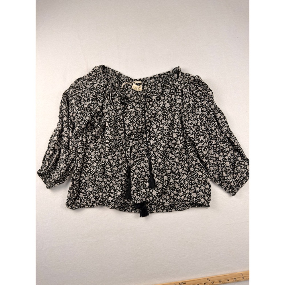 Denim & Supply Ralph Lauren RL Boho Floral Tassel Peasant Blouse Black White S